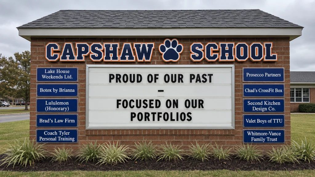 The Capshaw School sign reading Proud of Our Past, Focused on Our Portfolios, surrounded by sponsor plaques